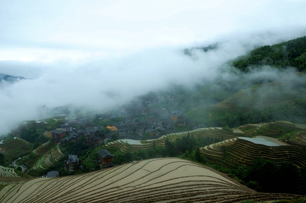 雾渐渐散去，慢慢展现出梯田和寨子的真面目，如梦似幻...